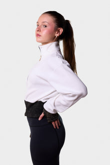 Side view of the white Paggo Artemis Zip-Up Sweater with Lurex trim