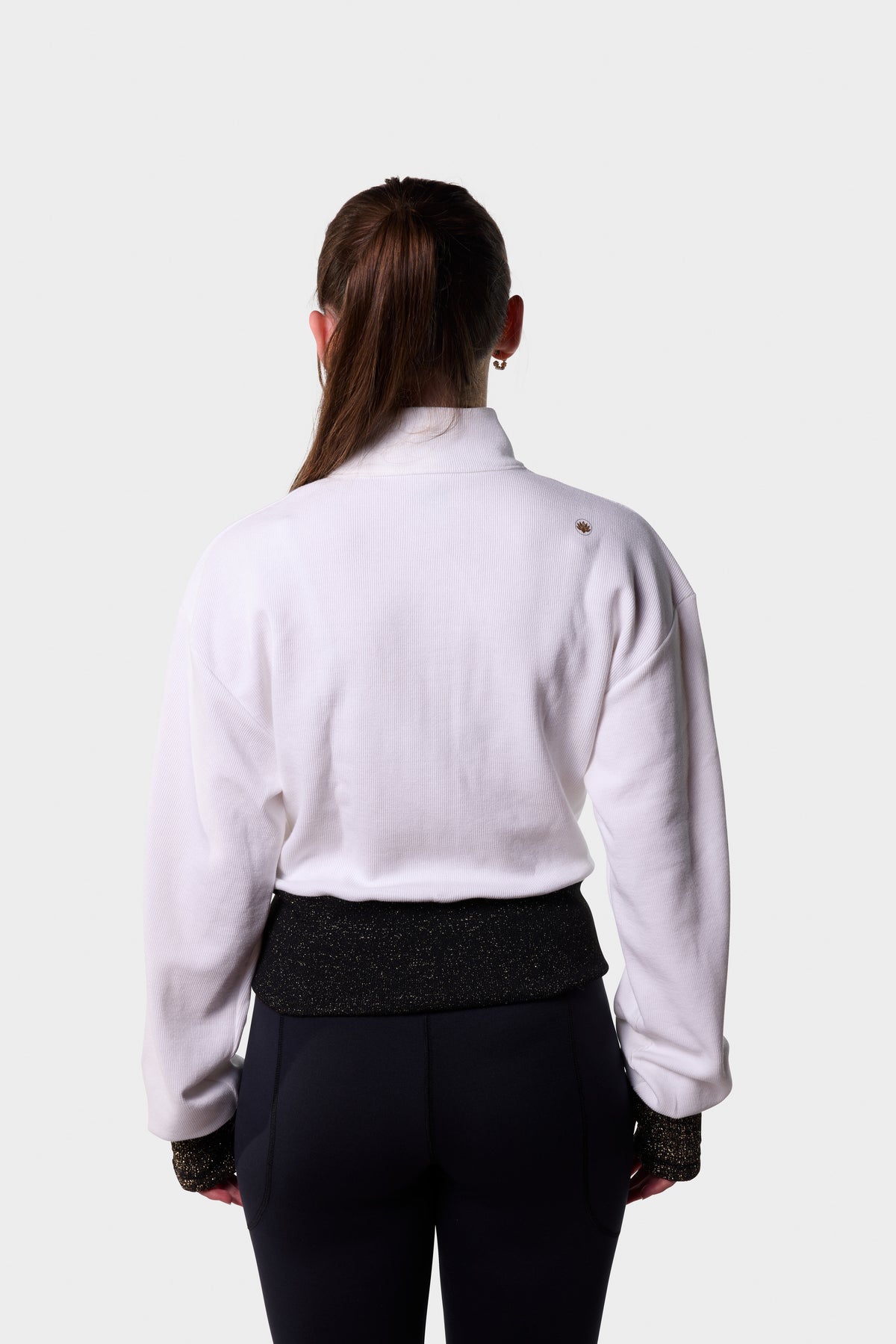 Back view of the white Paggo Artemis Zip-Up Sweater with Lurex waistband