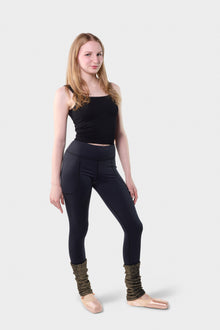 Front full-length view of the black Paggo Christina Pants with Lurex ankle warmers