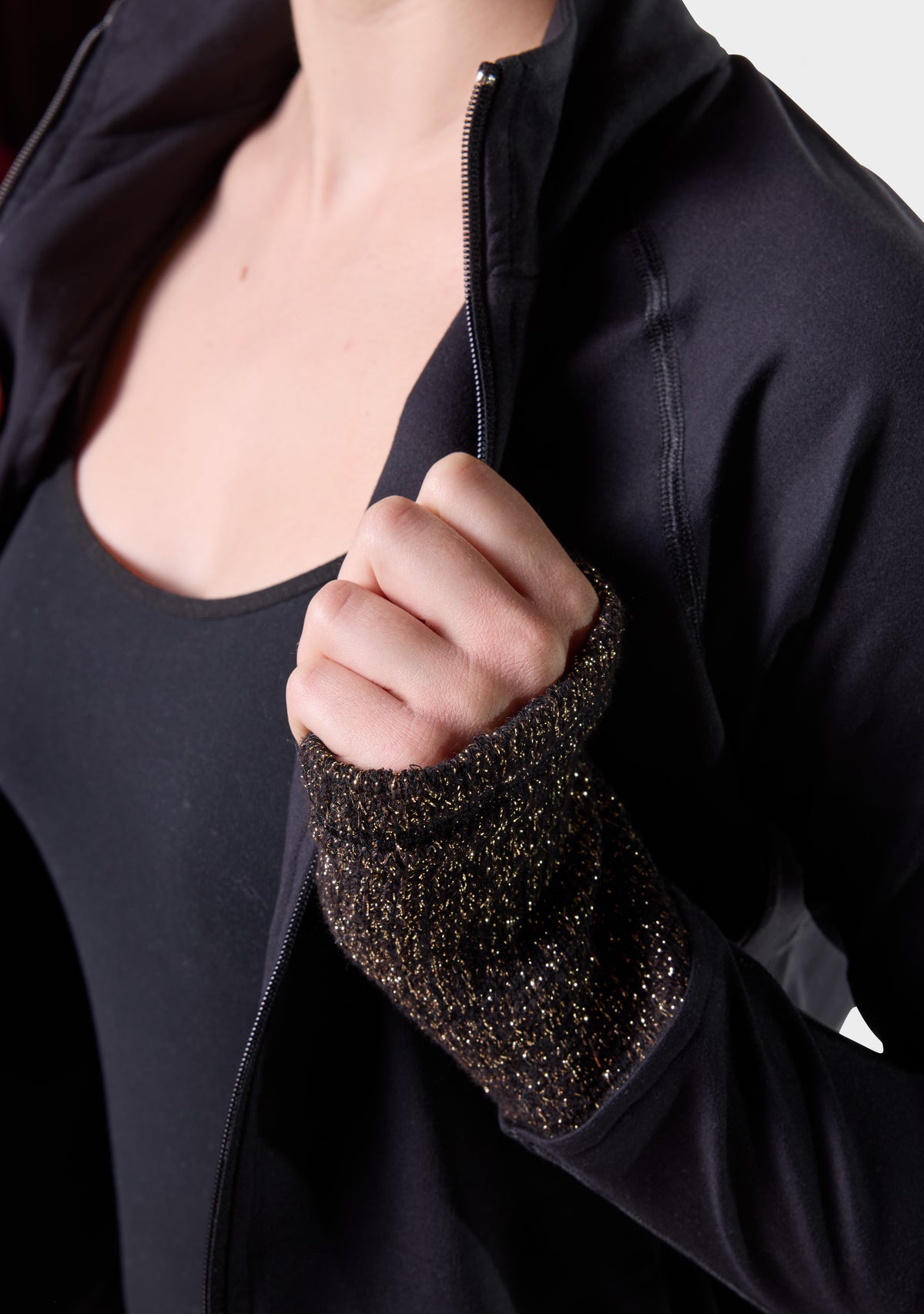 Lurex cuff and zipper detail on the black Paggo Elena Long Jacket