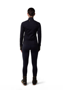 Back view of the black Paggo Elena Long Jacket with Lurex cuffs