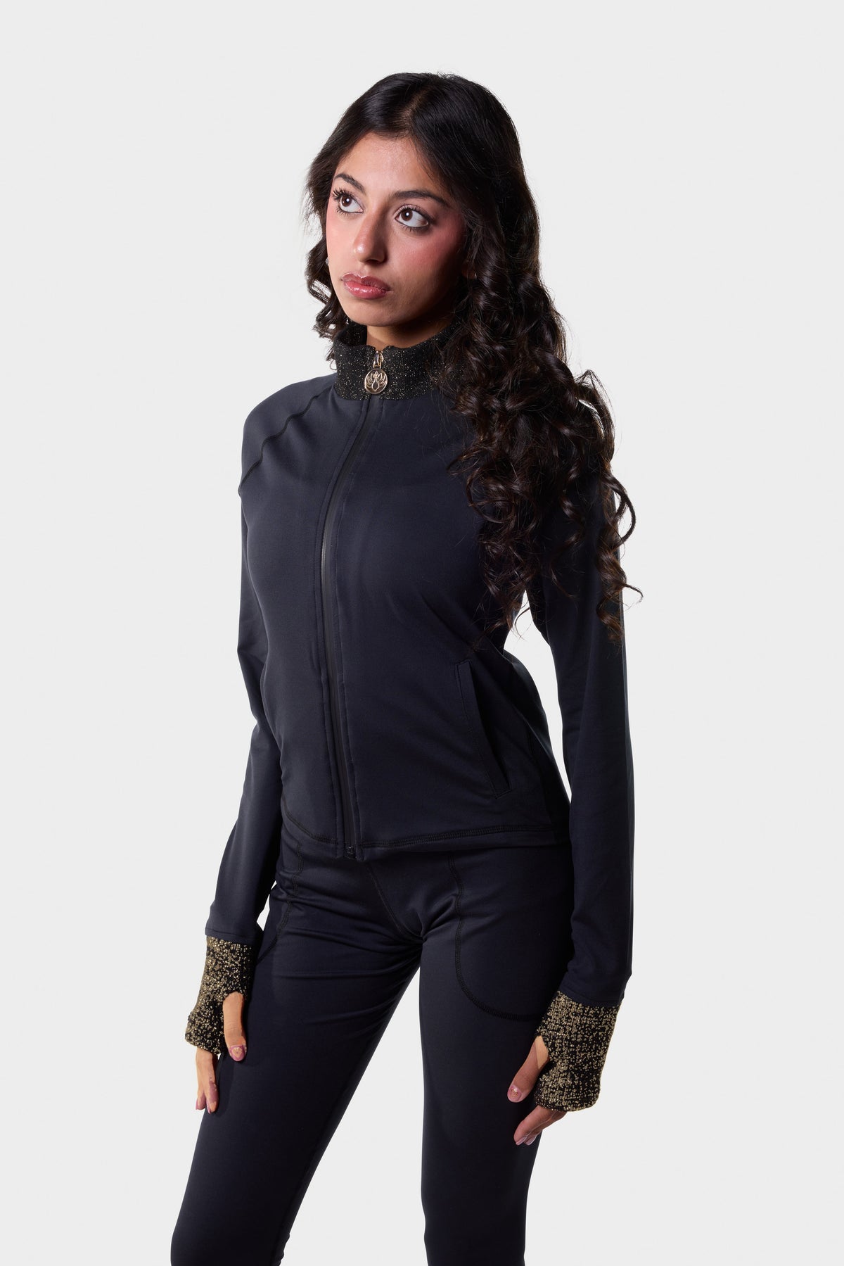 Front view of the black Paggo Silvia Cropped Jacket with Lurex collar and cuffs
