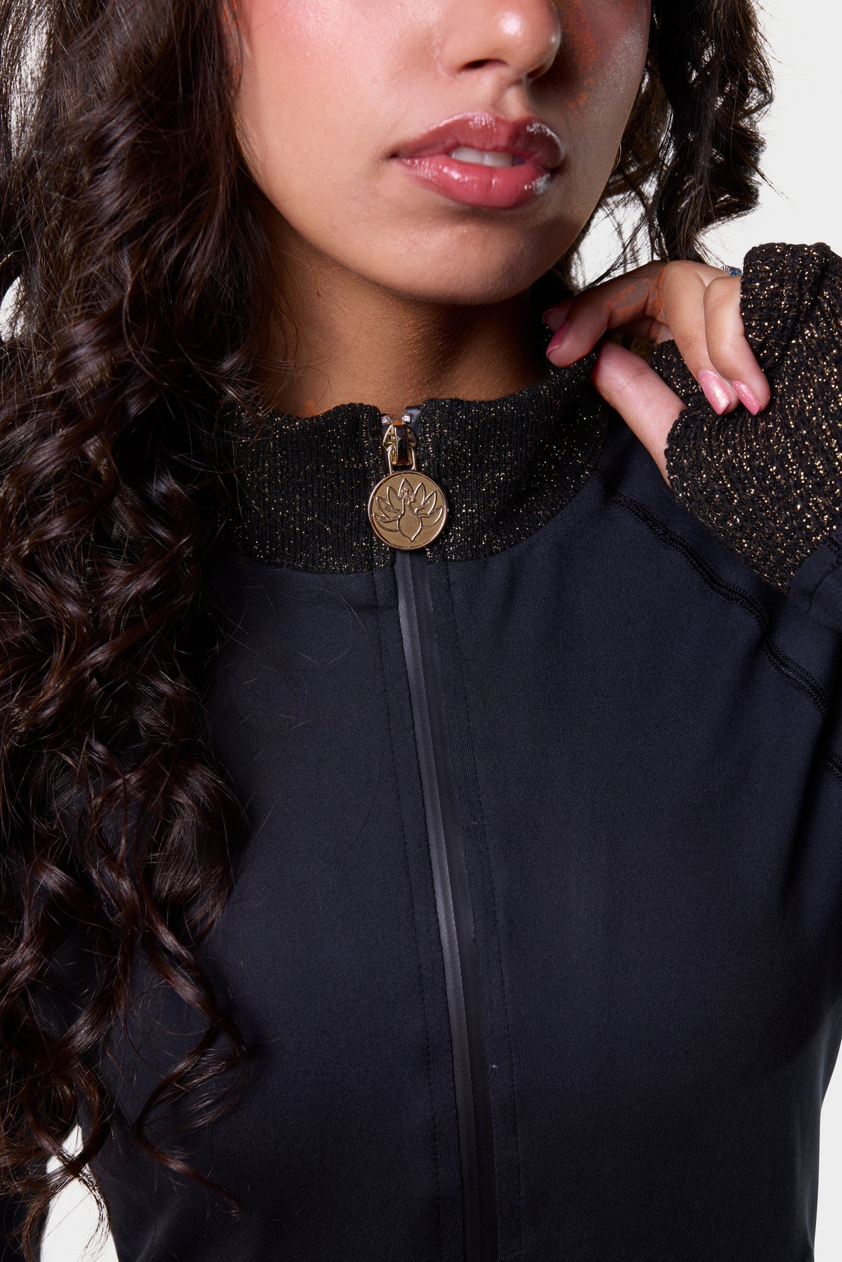 Lurex collar, zipper and cuff detail on the black Paggo Silvia Cropped Jacket