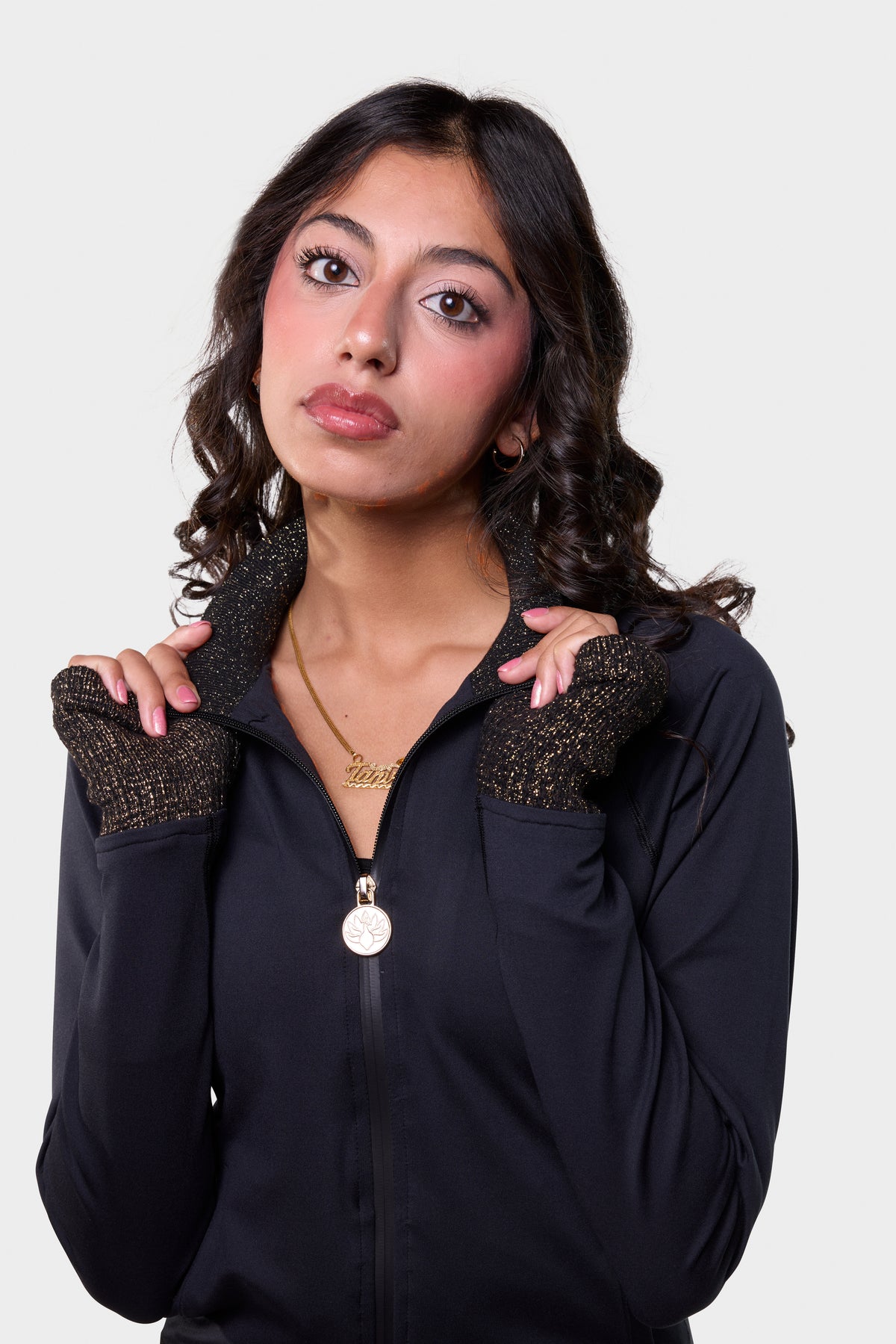 Open front view of the black Paggo Silvia Cropped Jacket with Lurex trim