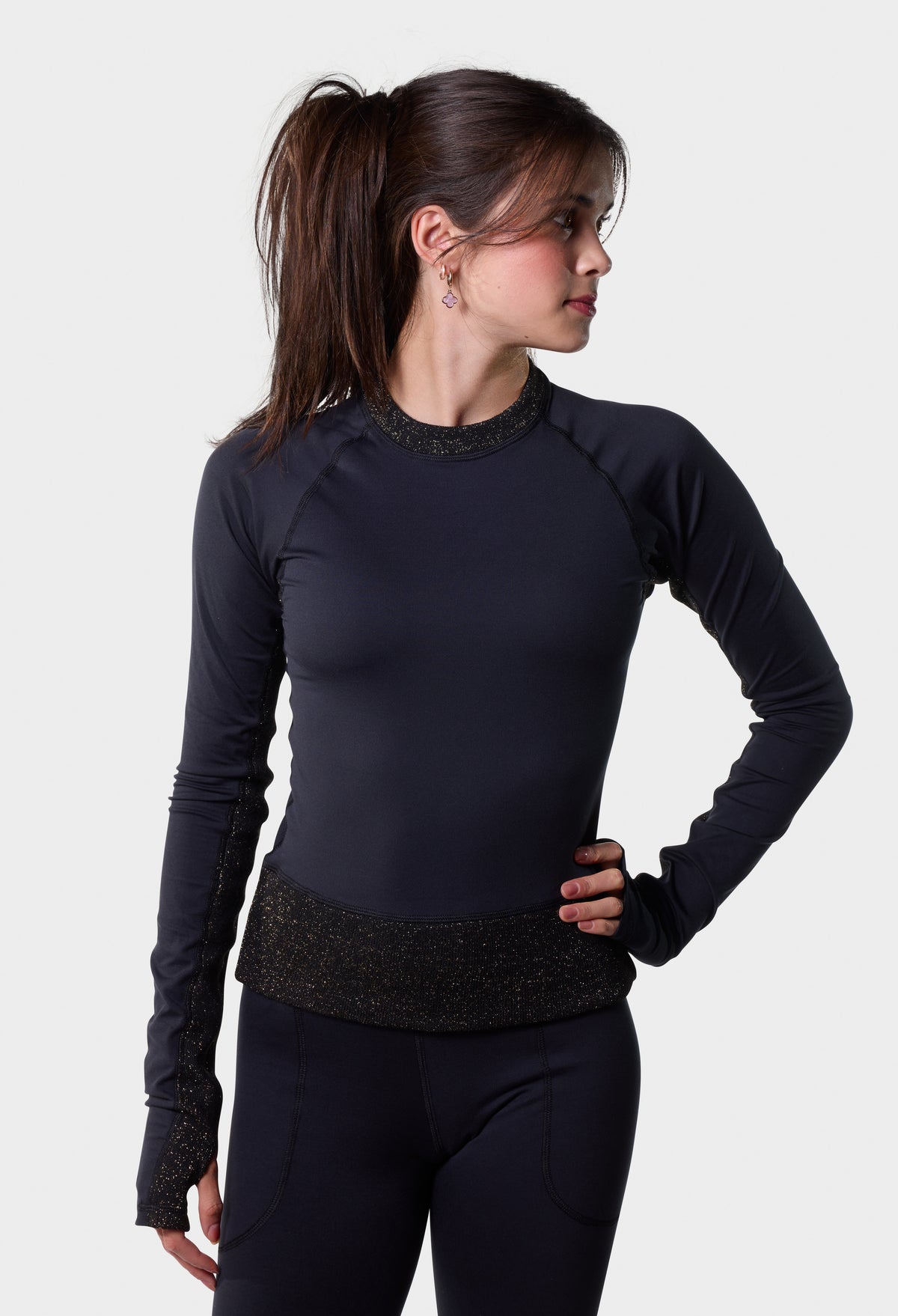 Front view of the black Paggo Sophia Top with Lurex collar, sleeves and waistband