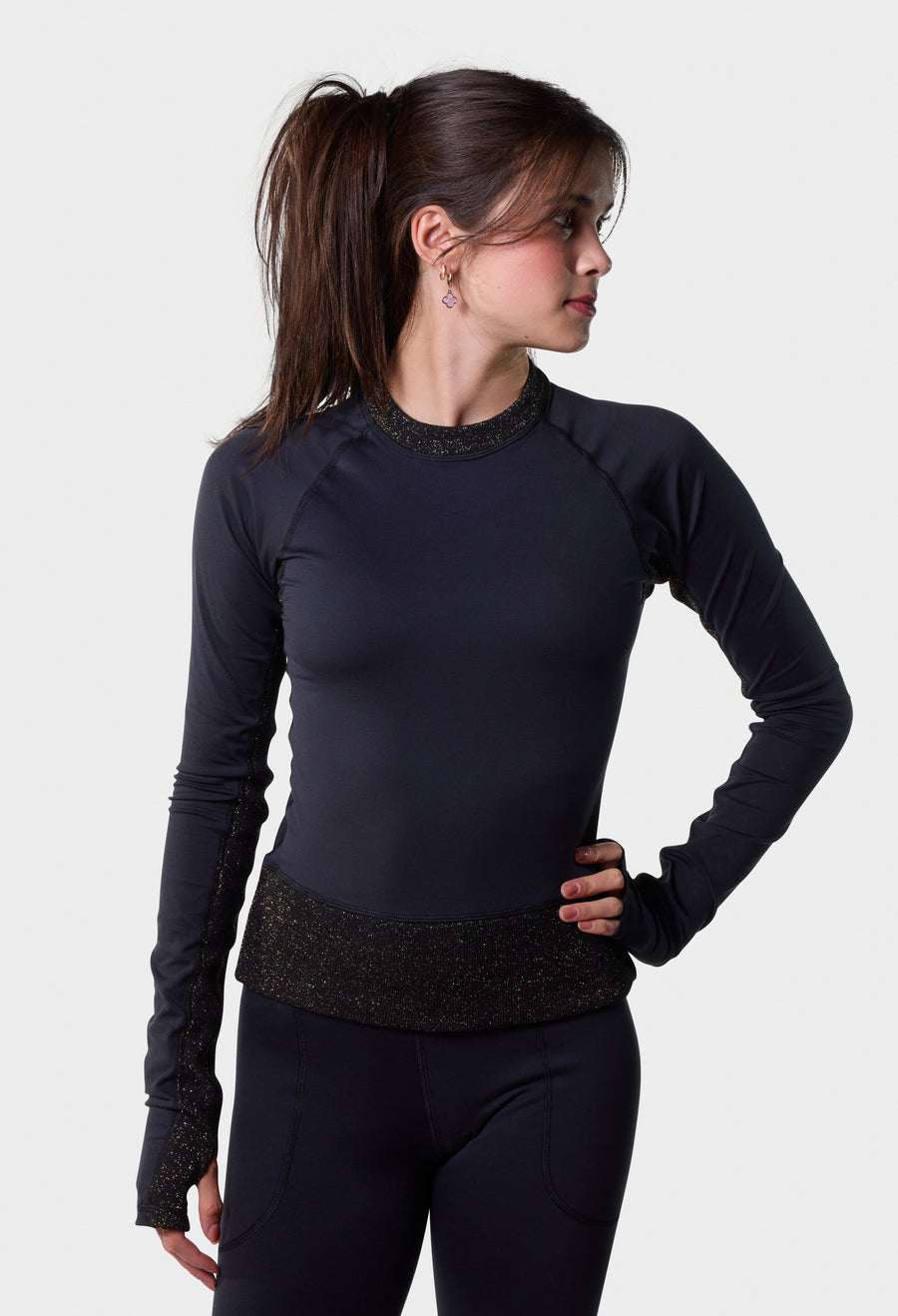 Front view of the black Paggo Sophia Top with Lurex collar, sleeves and waistband